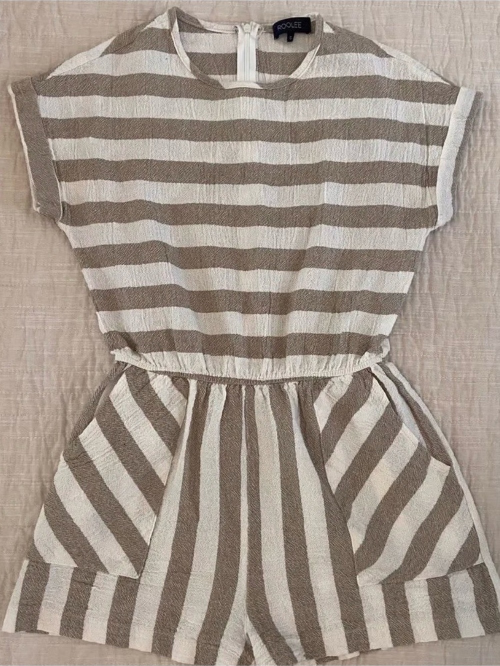 Roolee Beige and White Striped romper